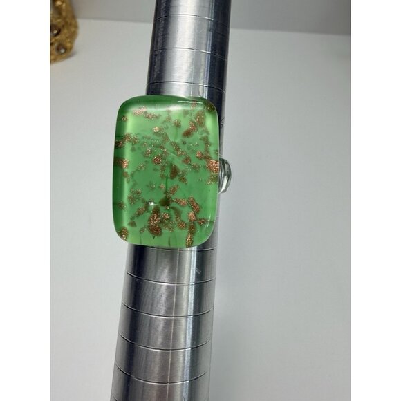 Murano Glass Ring Green Gold Flecks Rectangular Statement Ring Size 8 Pretty - Picture 5 of 10